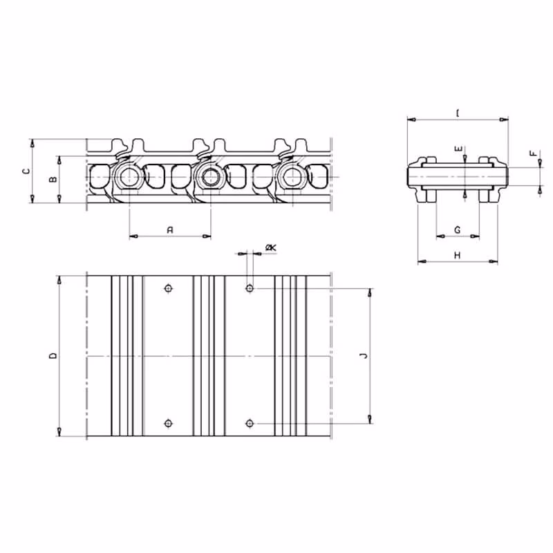 Chaîne acier au pas de 90 mm, tuile de 230 mm, en 31 maillons, voie intérieure de 26.00 mm