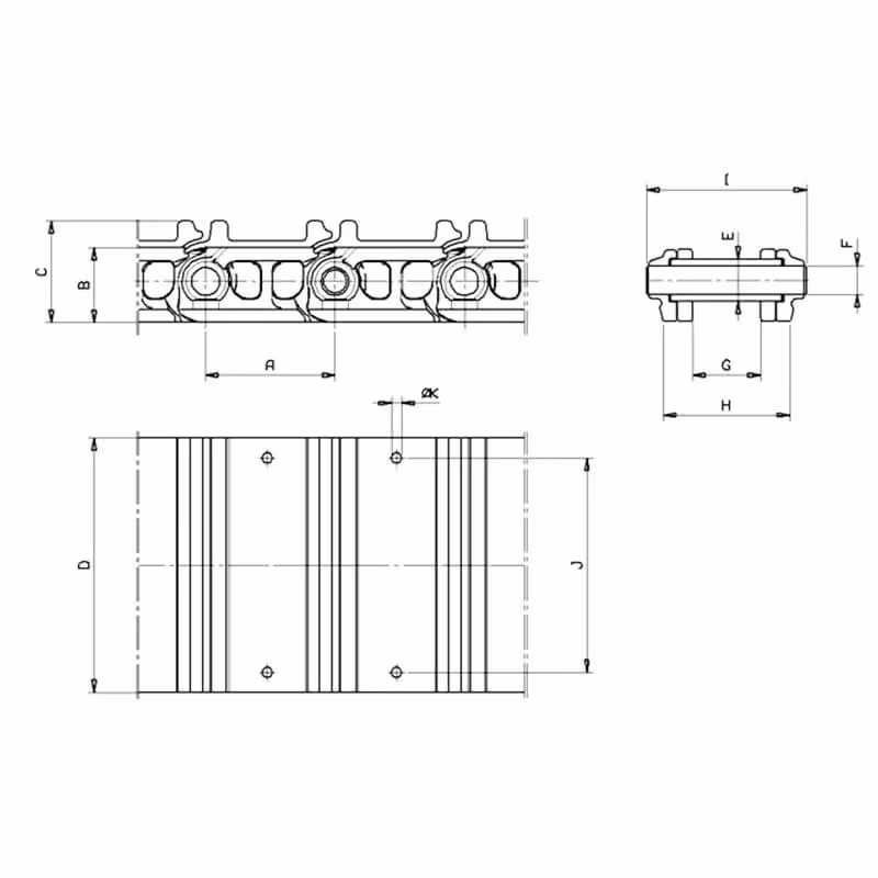 Chaîne acier au pas de 90 mm, tuile de 230 mm, en 34 maillons, voie intérieure de 26.00 mm