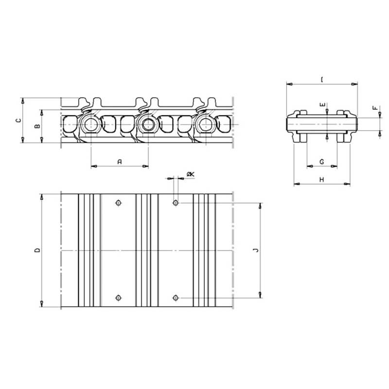 Chaîne acier au pas de 101.6 mm, tuile de 300 mm, en 40 maillons, voie intérieure de 45.00 mm