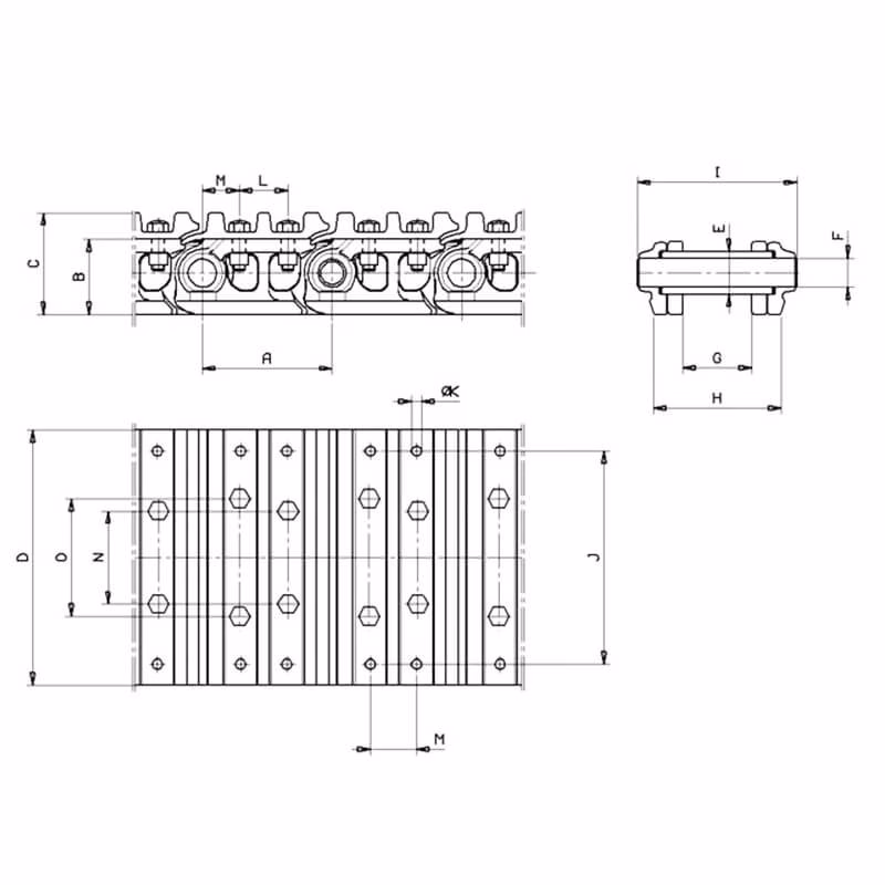 Chaîne acier tuilée (ou monobloc) au pas de 135 mm, tuile de 400 mm, en 37 maillons, voie intérieure de 53.6 mm