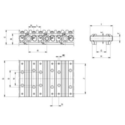 Chaîne acier tuilée (ou monobloc) au pas de 140 mm, tuile de 450 mm, en 44 maillons, voie intérieure de 53 mm